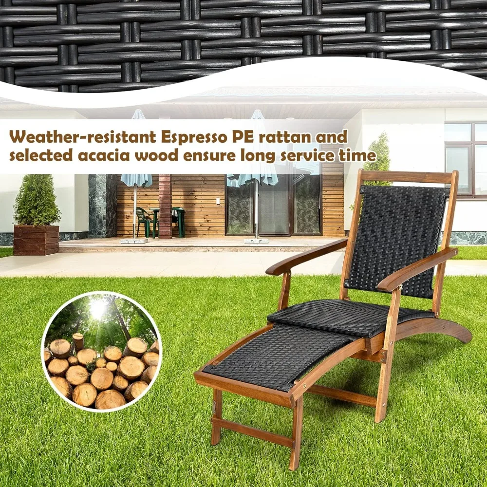 Patio Chaise Lounge Chair - Acacia Wood Folding Rattan Wicker Chair w/Retractable Footrest, Space-Saving Ergonomic 6