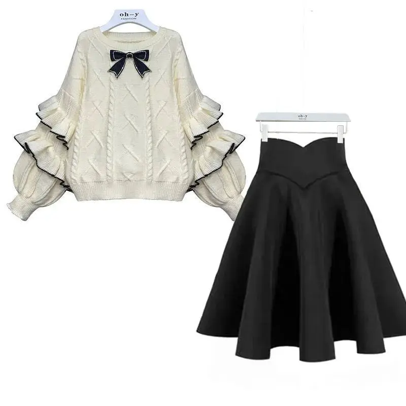 Spring and Autumn Set Women's 2023 New Korean Edition Slim Lantern Sleeves Knitted Sweater Half Skirt Two Piece Set