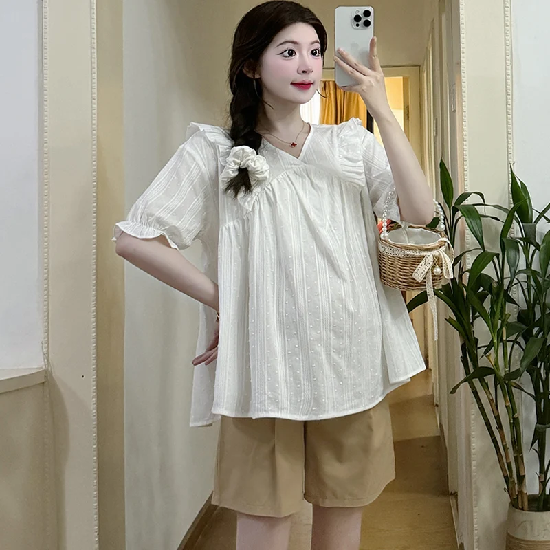 R74362# Pregnant Women Suit Thin Cotton And Linen Womens Tops Suits Women Summer Clothes Maternity 2 Pcs Clothing Set