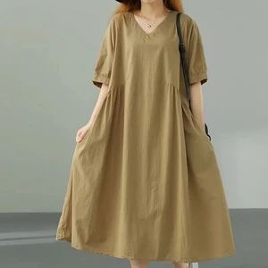 Women's Summer Short Sleeve V-Neck Solid Cotton Casual Dress with Pockets Female Loose Long Dresses for Women Plus Size