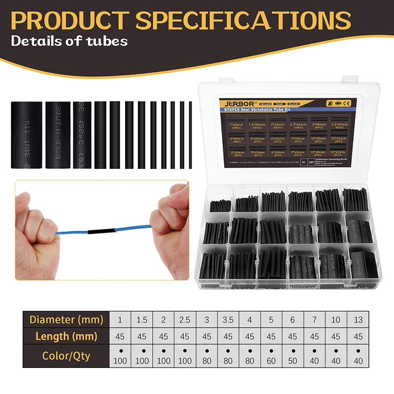 870Pcs Polyolefin Heat Shrinkable Tubing Set