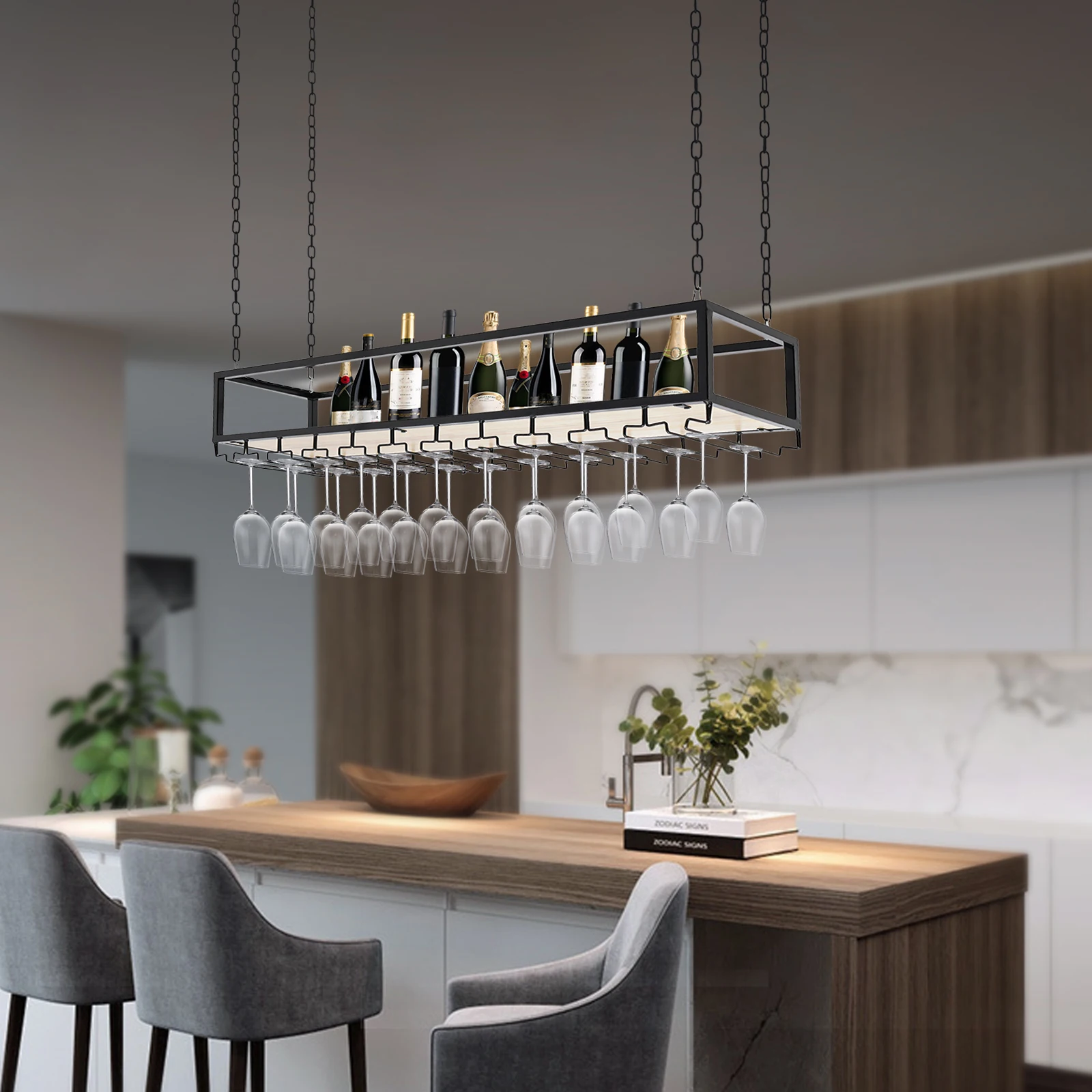 Plafondplank hangend wijnrek, met glazen houder en plank, met 1 m lange ijzeren ketting industriële retro planken, bar/keuken houten opbergstandaard (maat: 100 cm) (80 cm