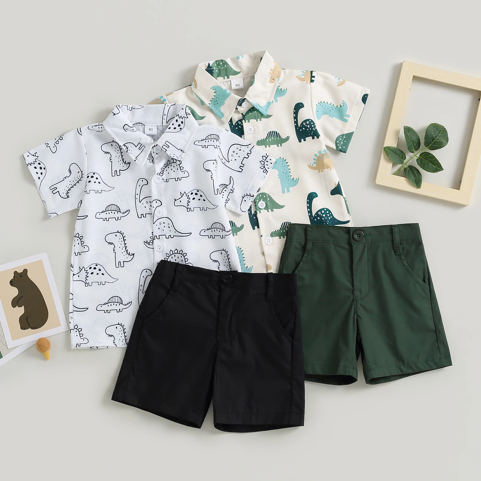 PudcocoInfantBabyBoysFormalWearDinosaurPrintShortSleeveButtonupShirtandElastic