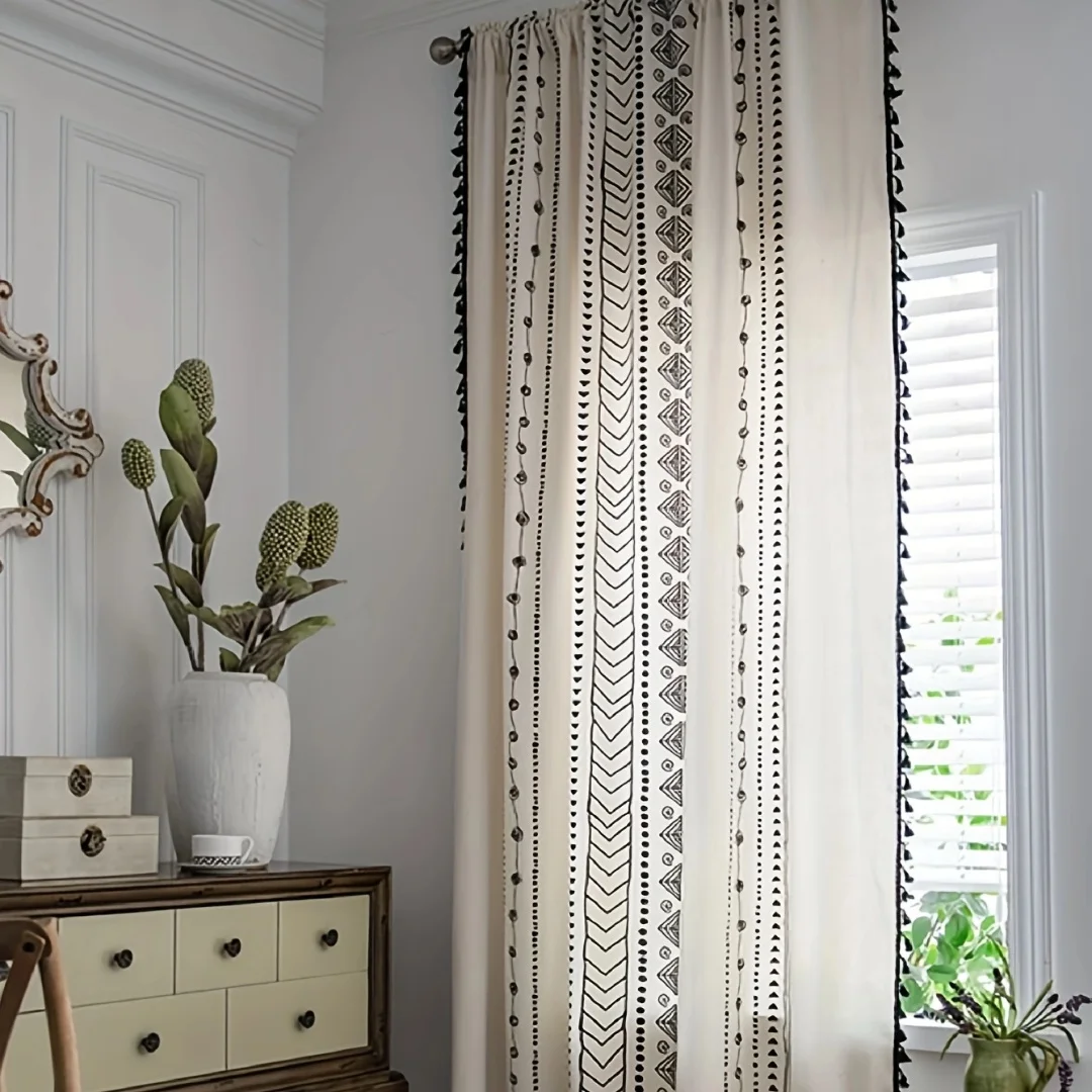 Black tassel curtains, semi shading geometric farmhouse, Bohemian style cotton and linen dimming curtains 1PC 3