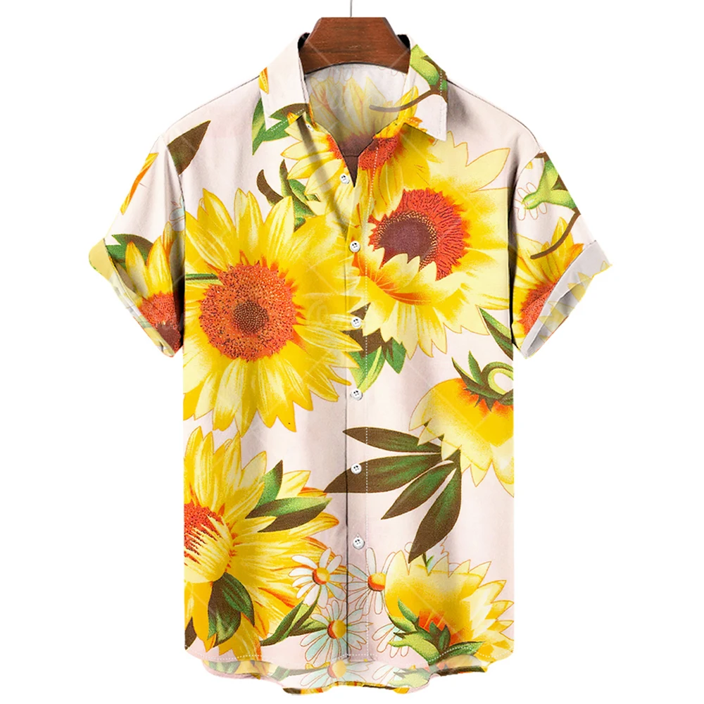 Hawaiian Mens Shirts Sunflower 3d Print Shirts For Men Lapel Fashion Short Sleeve Mens Clothing Loose Oversized Tops