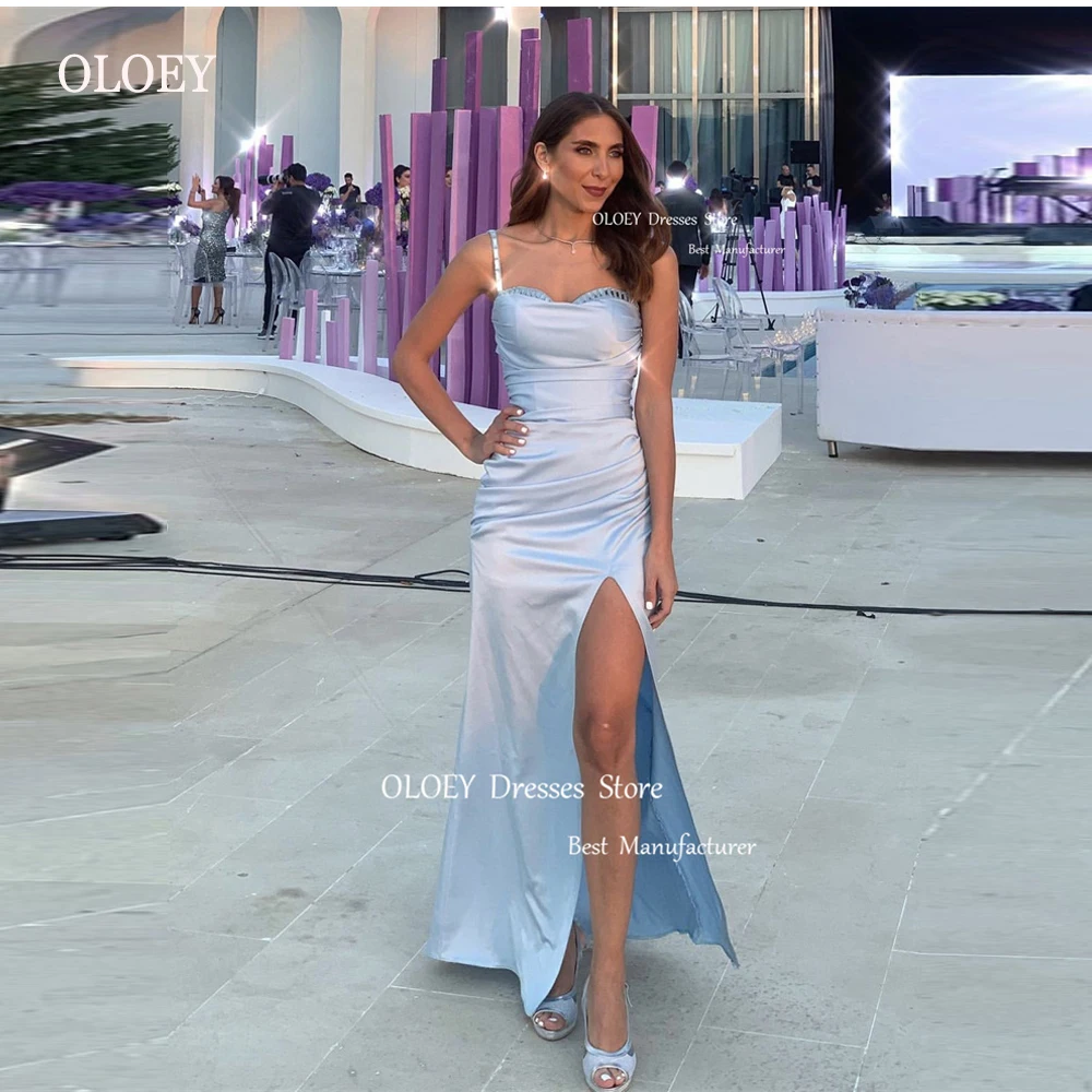 

OLOEY Simple Light Blue Prom Dresses Shiny Spaghetti Straps Satin Pleats Split Arabic Women Evening Gowns Formal Party Dress