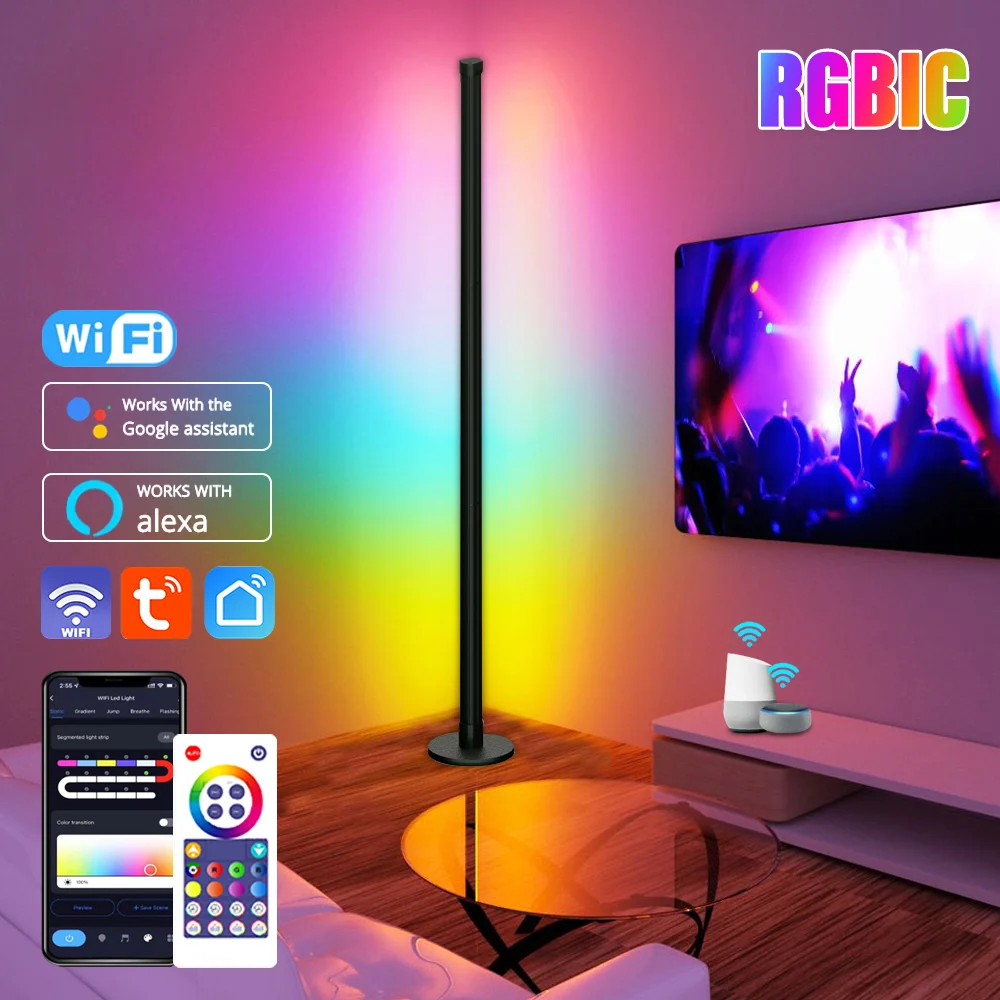 

Smart Tuya WIFI ED Floor Lamp Round Base RGBIC Corner Light with Remote Control App Dimmable for Bedroom Game Room Living Room