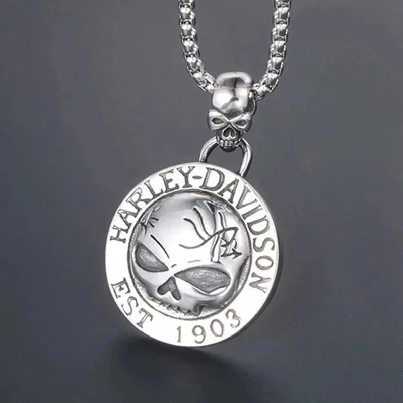 Cool Stainless Steel Titanium Vintage Skull Motorcycle Harleys Badge Pendant Collar Chains Necklace for Men Women Gift 3