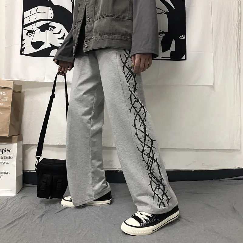 spring autumn male korean fashion vintage brambles printing straight pants hombre loose casual trousers men's trend sweatpants