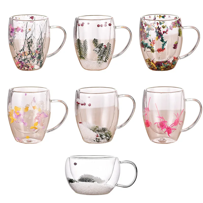 Double Wall Insulated Floral Glass Coffee Mug