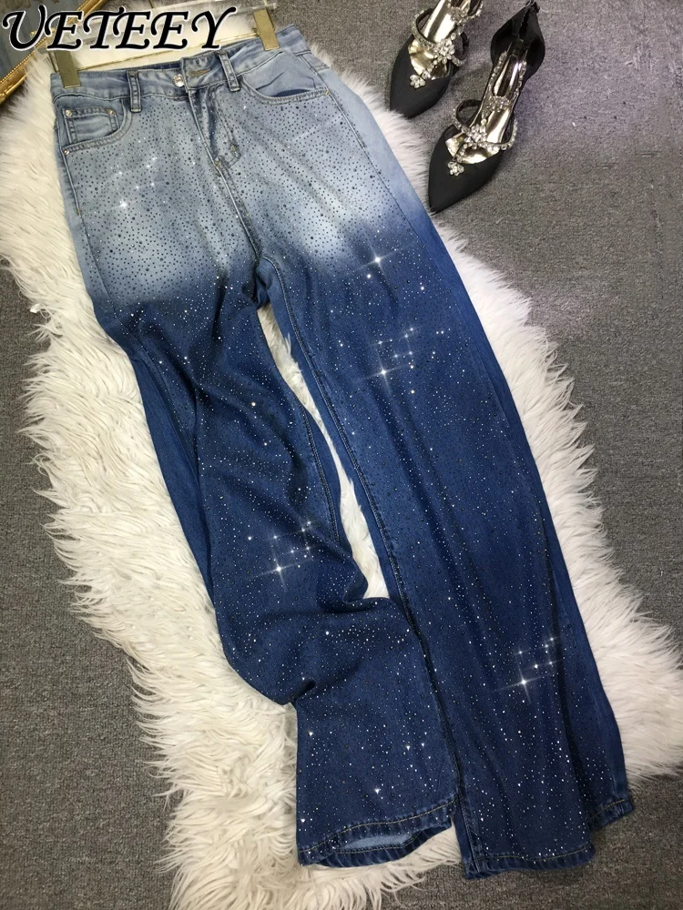 

Heavy Embroidery Hot Drilling Jeans Women's High Waist Slimming Full Diamond Gradient Color Tie-Dyed Straight Wide-Leg Pants