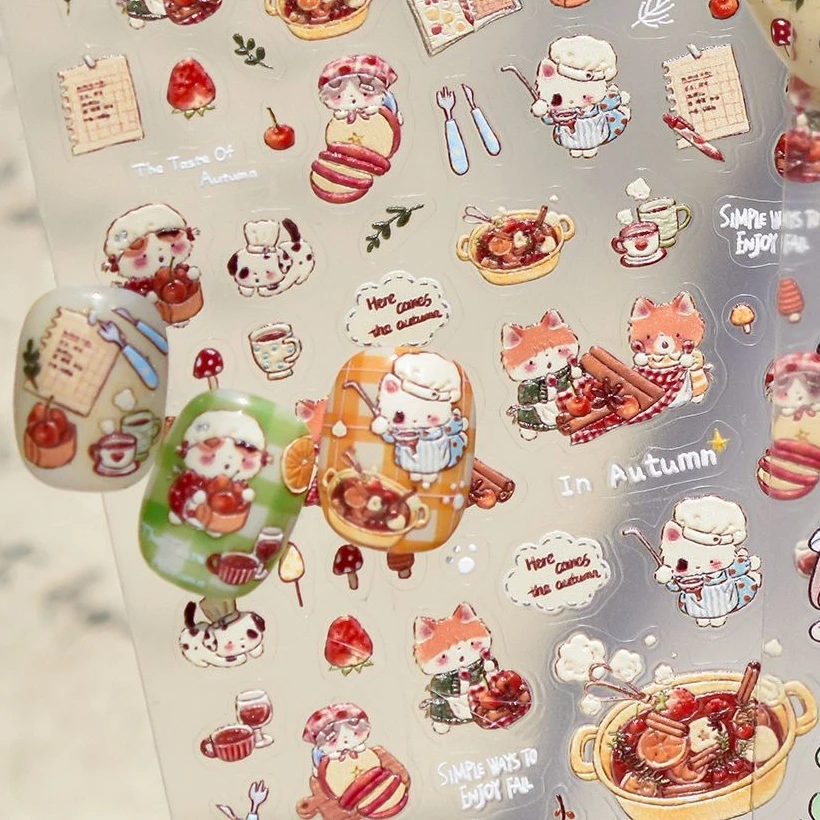 귀여운 고양이 새끼 고양이 끓는 레드 와인 버섯 과일 체리 가을 요리 강아지 DIY 네일 아트 스티커 장식 매니큐어 데칼