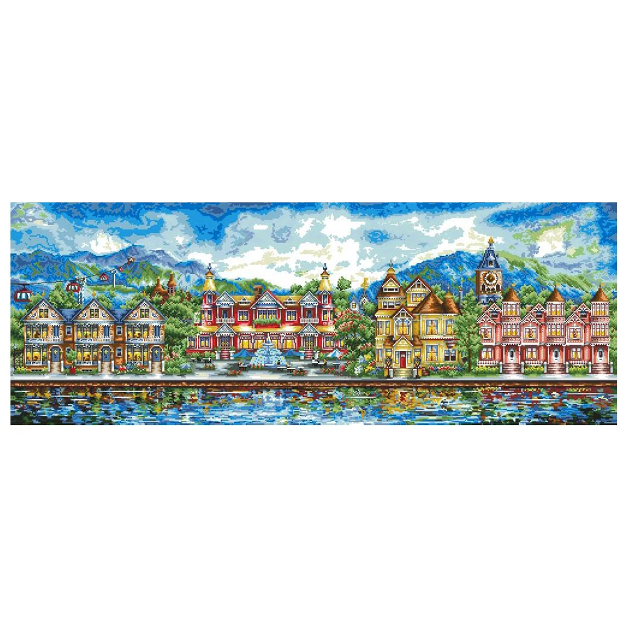 

Amishop Top Quality Popular Counted Cross Stitch Kit European Towns Green Village Country Countryside House Home By River