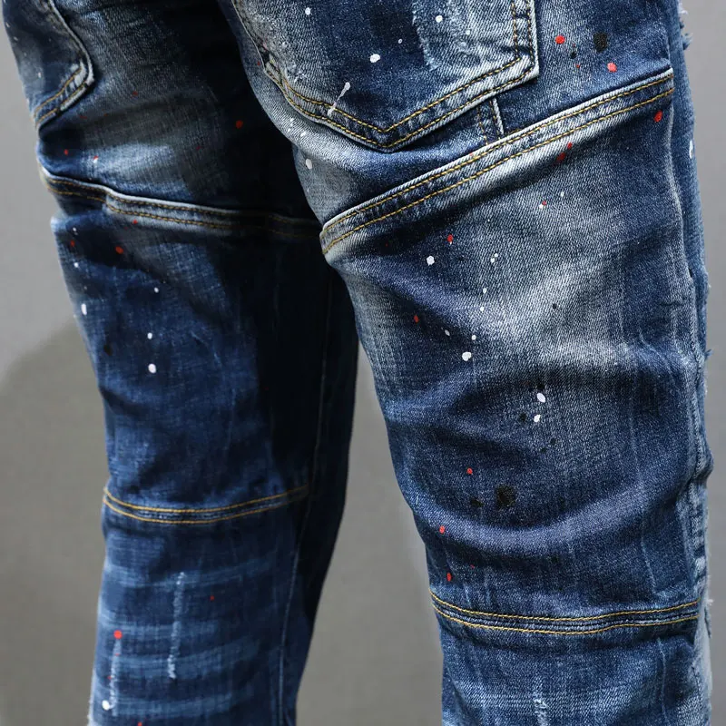 Street Fashion Men Jeans Retro Blue Painted Elastic Slim Fit Ripped Jeans Men Spliced Designer Hip Hop Denim Pencil Pants Hombre