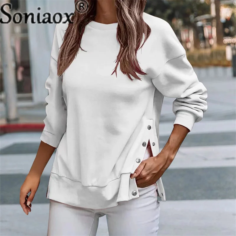 Winter Fashion Button Splicing Sweatshirt Women Solid Color O Neck Pullover Tops Casual Loose Hoodie Female Autumn Daily Clothes
