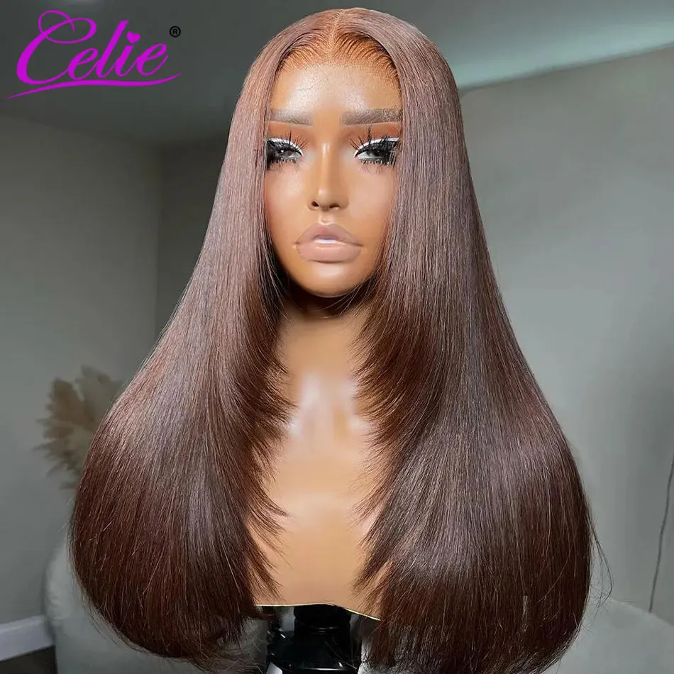 Celie Layered Cut Straight Glueless Wig Dark Brown Face Framing 6&times;5 Pre-cut Hd Lace Closure Wig Pre Bleached Human Hair Wigs
