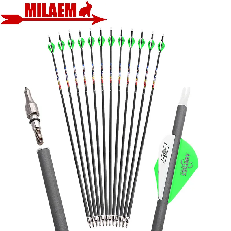 

6/12pcs 31inch Archery Pure Carbon Arrow Spine 250-600 ID6.2mm OD7.8mm 100Gr Point Tip 2inch Rubber Feather Hunting Accessories