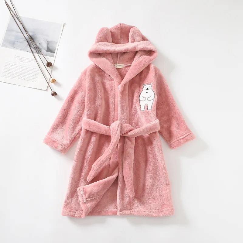 Kids Hooded Flannel Bathrobe Baby Bath Bear printed Robes Boy Girls Cute Cartoon Soft Warm Pajamas Long Sleeve Towel Robe