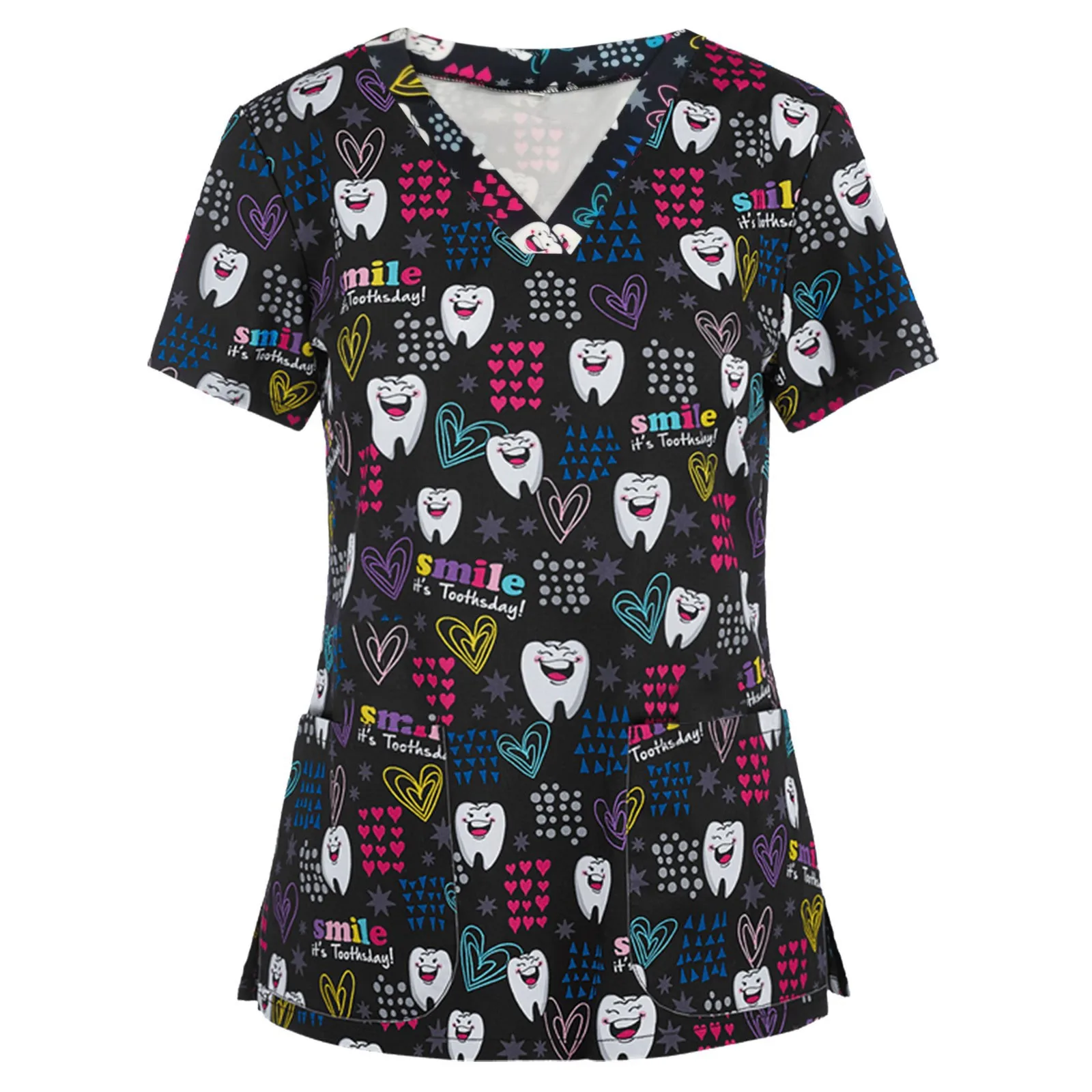 Hospital Medical Uniform Teeth Female Flower Print Scrub Tops Short