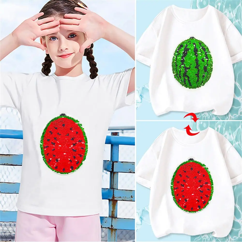 

Summer Reversible Color Changeable Short Sleeves Children's Clothing Cotton Watermelon Sequins T-shirt