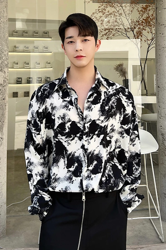 Men Ink Painting Print Draped Luxury Blouse Loose Relax Party Daily Casual Tops Hondsome Boy Dance Romantic Dating Retro Blouse
