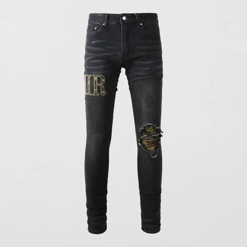 

Fashion Streetwear Men Jeans Black Stretch Slim Fit Ripped Jeans Men Hole Trousers Brand Patch Designer Hip Hop Pants Hombre