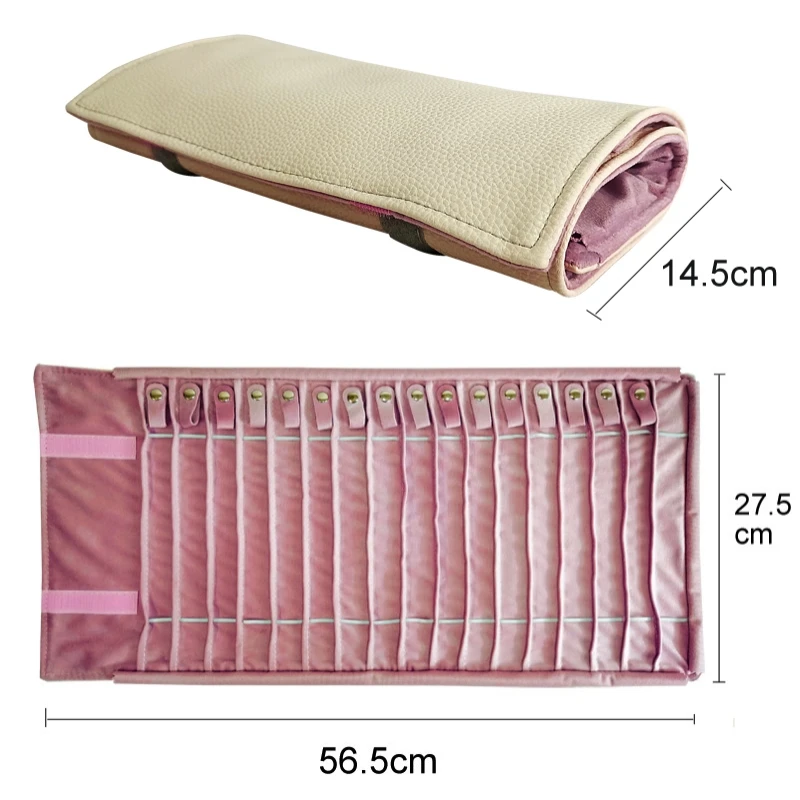 PU Leather Travel Necklace Pendant Bracelet Foldable Jewelry Roll Bag Dust-Proof Twine Necklace Portable Storage Bag Pink