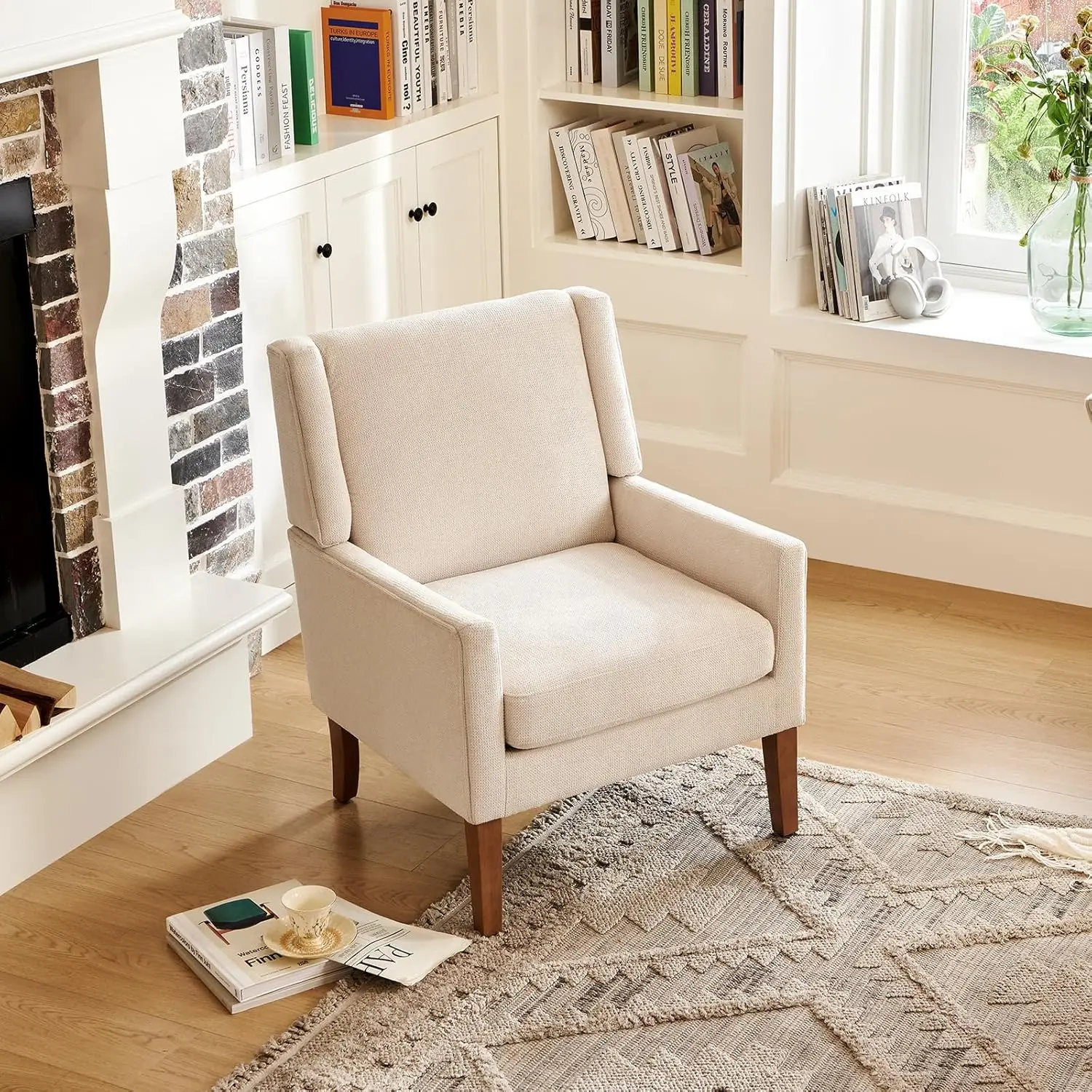 COLAMY Modern Wingback Living Room Chair, Upholstered Fabric Accent Armchair, Single Sofa Chair with Lounge Seat and Wood Le 5