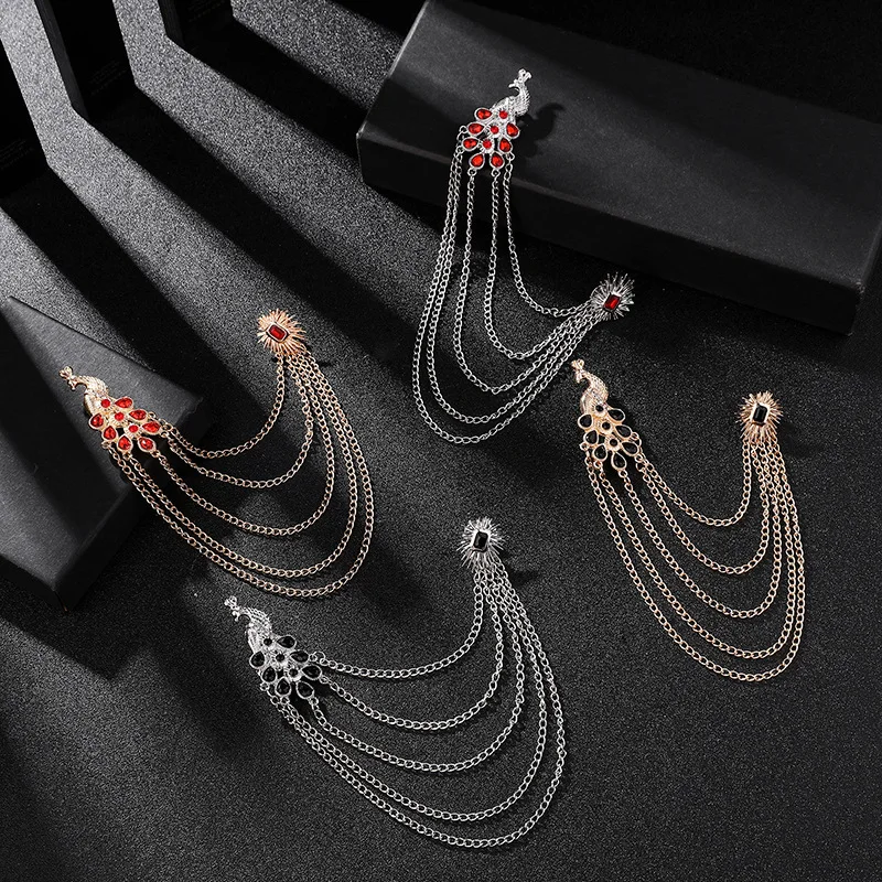 New Retro Brooch Pin Badge for Men Suit Peacock Tassel Collar Pins with  Chain Shirt Crystal Corsage Luxury Jewelry Accessories