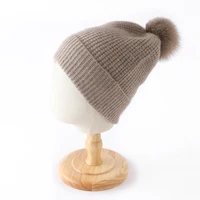 Cashmere Vintage Moss Needle Thick Beanies Rabbit Pom-pom Ribbed Hem Soft Knitted Cap Hat Autumn Winter Warm Merino Wool Caps 2