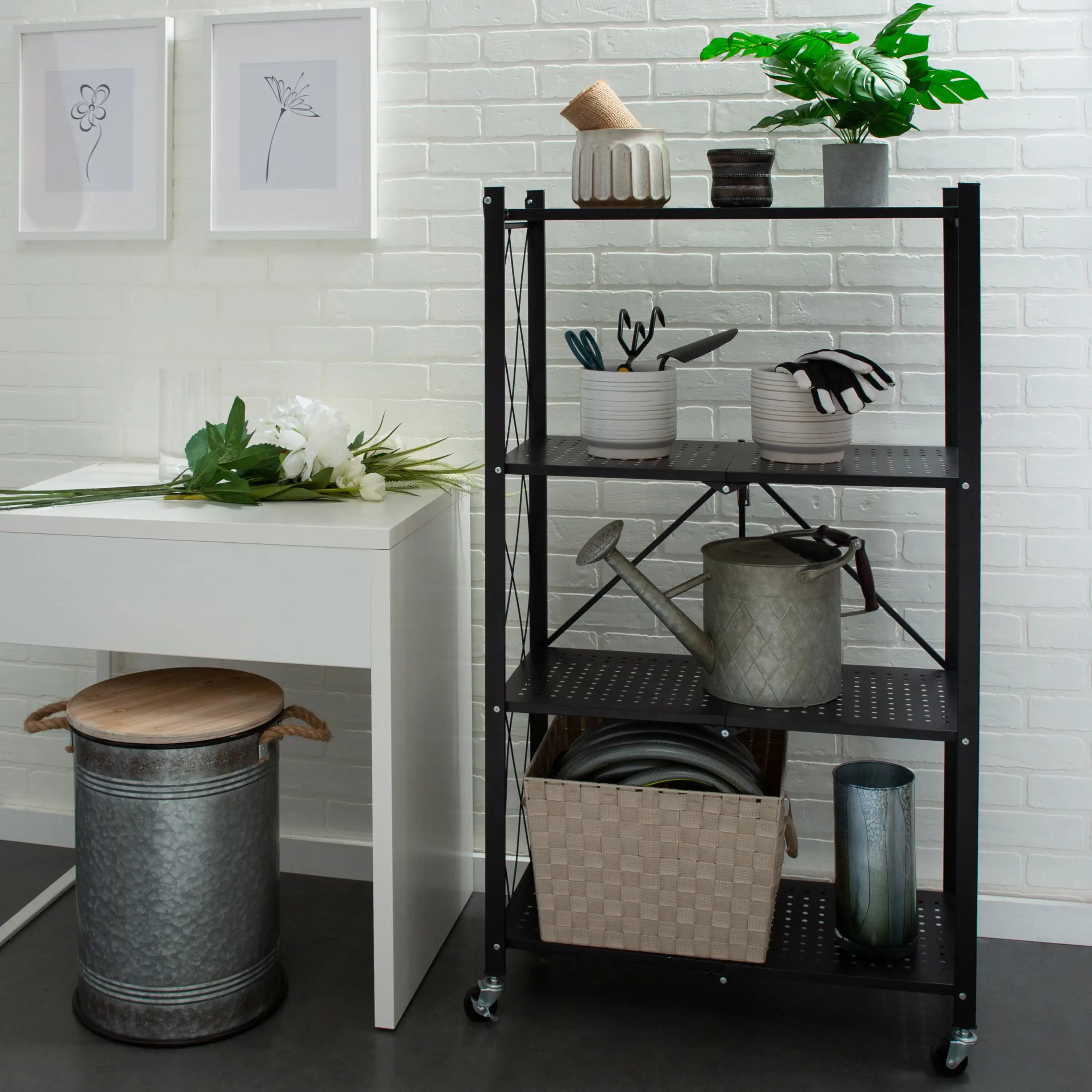 Étagères de Rangement Pliables en Métal avec Roulettes