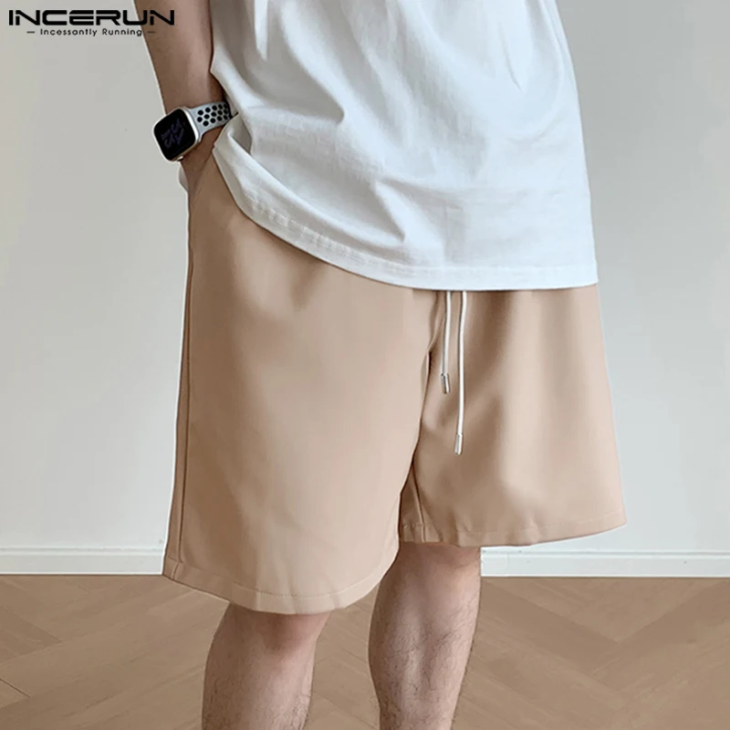 INCERUN 2023 Korean Style Men's PU Leather Loose Comfortable Shorts Casual Streetwear Solid Straight Tube All-match Shorts S-5XL