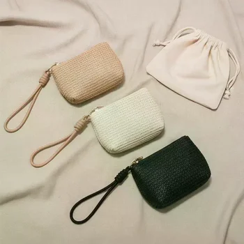 Portamonete in paglia, mini portafoglio, borsa portamonete resistente con cerniera, porta carte, per donne e ragazze