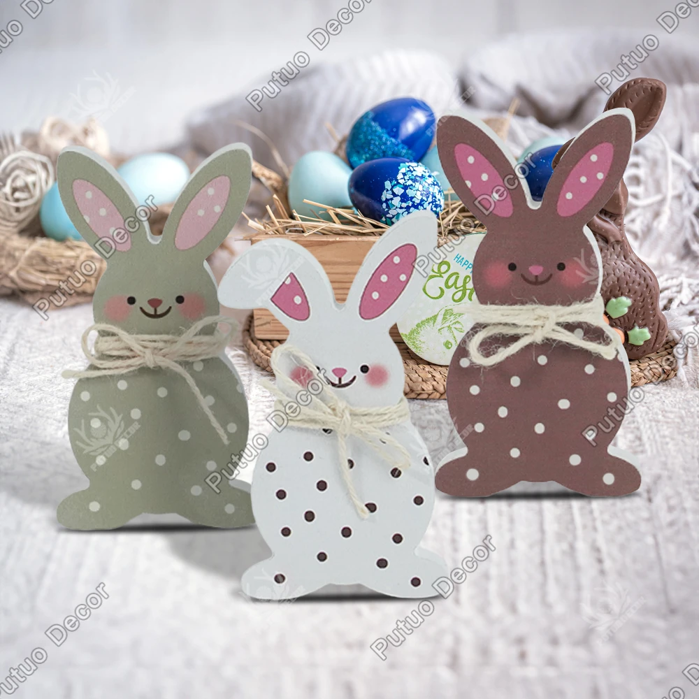 

Putuo Decor 3pc Bunny Shaped Wooden Decor with Cotton Rope Bow, Desktop Decor for Home Farmhouse Living Room Cafe, Easter Gifts