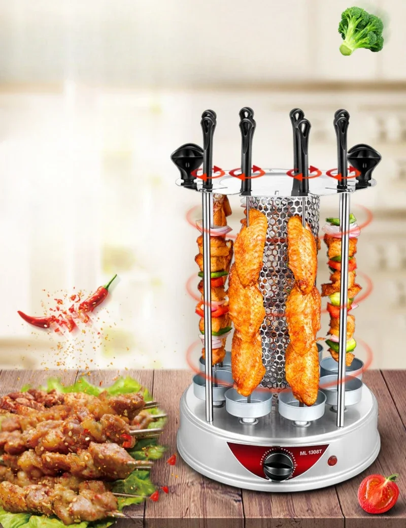 220V New Smokeless Vertical Rotary Electric Barbecue Mutton Shashlik Machine Stainless Steel Timing Automatic Barbecue Machine