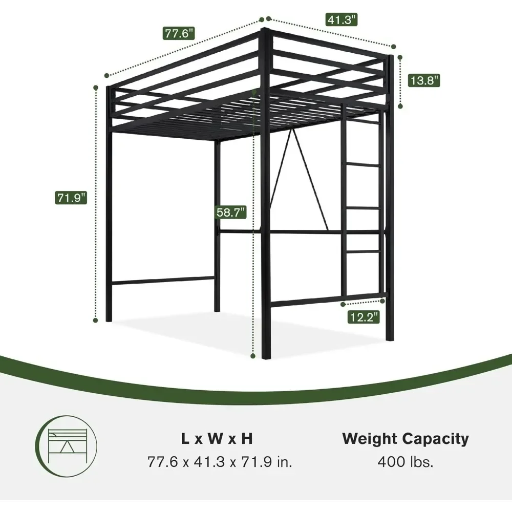 Bunk Beds Loft Bed Frame for Juniors & Adults, Metal Loft Bed Twin Size with Safety Guardrail & Removable Ladder,  Toddler Bed 4