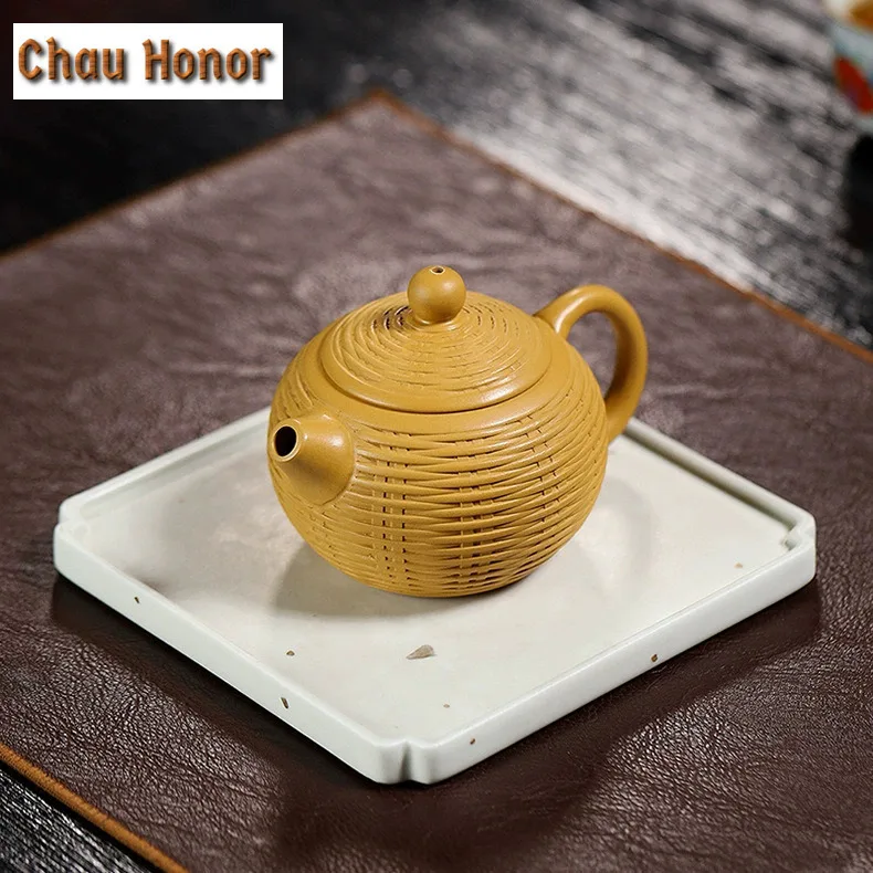 220ml Antique Yixing Purple Clay Teapots Handmade Bamboo Weaving Xishi Pot Raw Ore Section Mud Kettle With Filter Zisha Tea Set