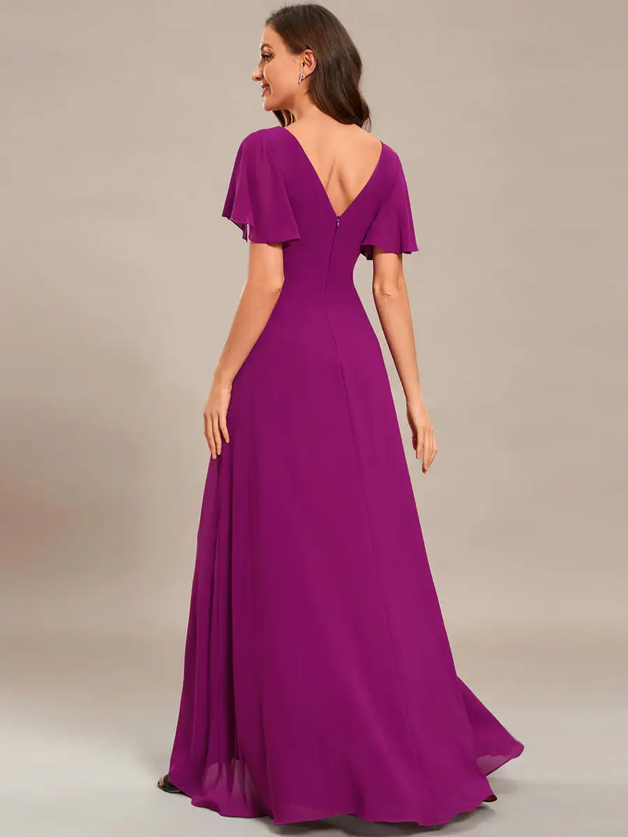 Plus size  Evening Dresses V Neck High Low Ruffles Floor-Length 2023 Ever Pretty of A-line Chiffon Fuchsia Bridesmaid Dress