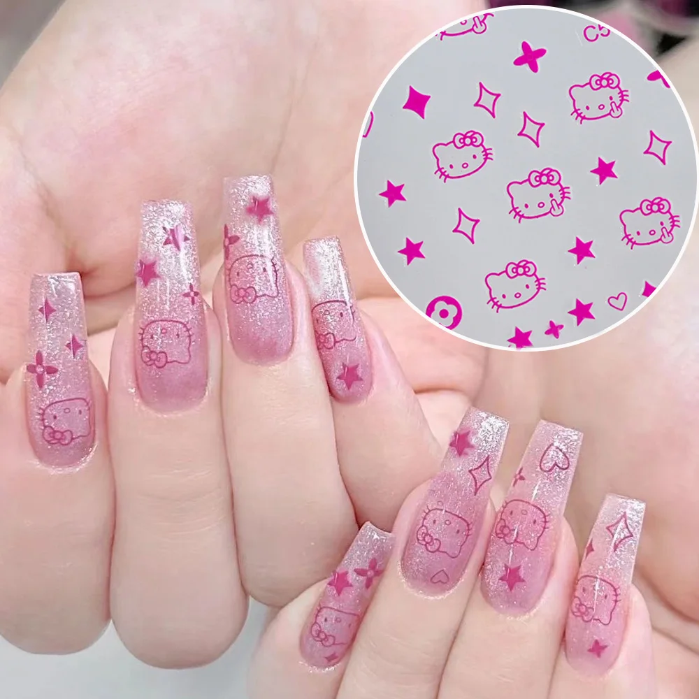 1sheet Japanese nail sticker HelloKitty Cat Head Heart cartoon cute nail decal with adhesive ornament Back Glue Manicure Sticker 2