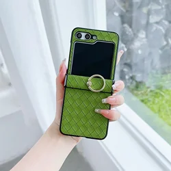 Woven Leather Ring Holder Shockproof Phone Case with Fall Prevention - Galaxy Z Flip3 (Green)