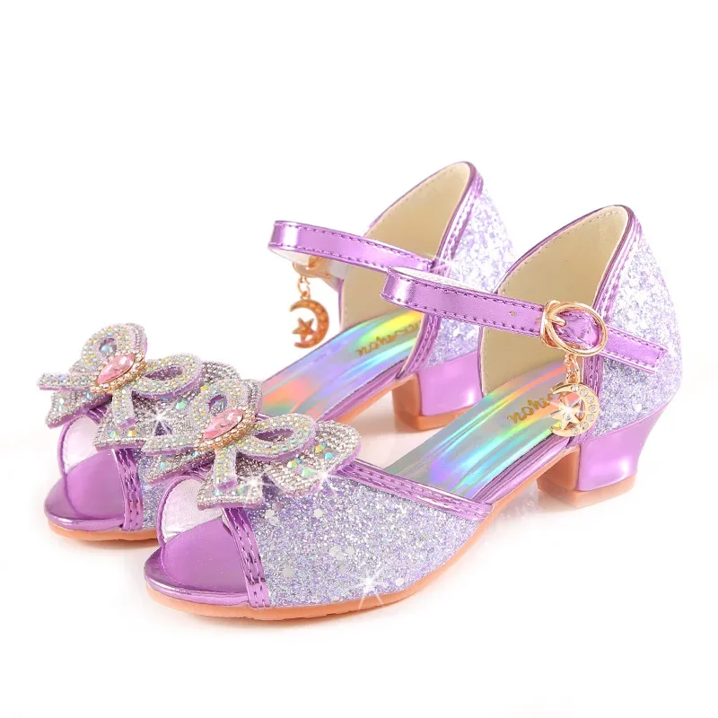 Summer Girls Sandals With Heel Fashion Rhinestone Shiny Glitter Shoes Children Princess Bowtie Pearl Dancing Shoes H876