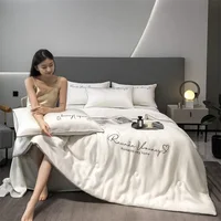 100% Washed Silk Summer Quilt Embroidery Smooth Ice Cooling Comforter for Bed Silky Solid Blanket Soft Cool Summer Blanket 2