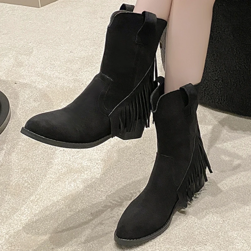 2023 Hot Sale Shoes for Women Zipper Women's Boots Winter Pointed Toe Solid Flock Mid-Calf Chunky Heels Western Tassel Boots