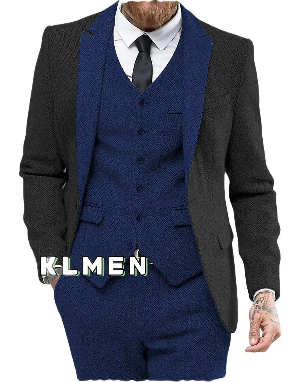 3 Piece Business Mens Suits  Tweed Herringbone Blazer Wool Tuxedo Stitching Style Groosemen for Wedding(Blazer+vest+Pants)