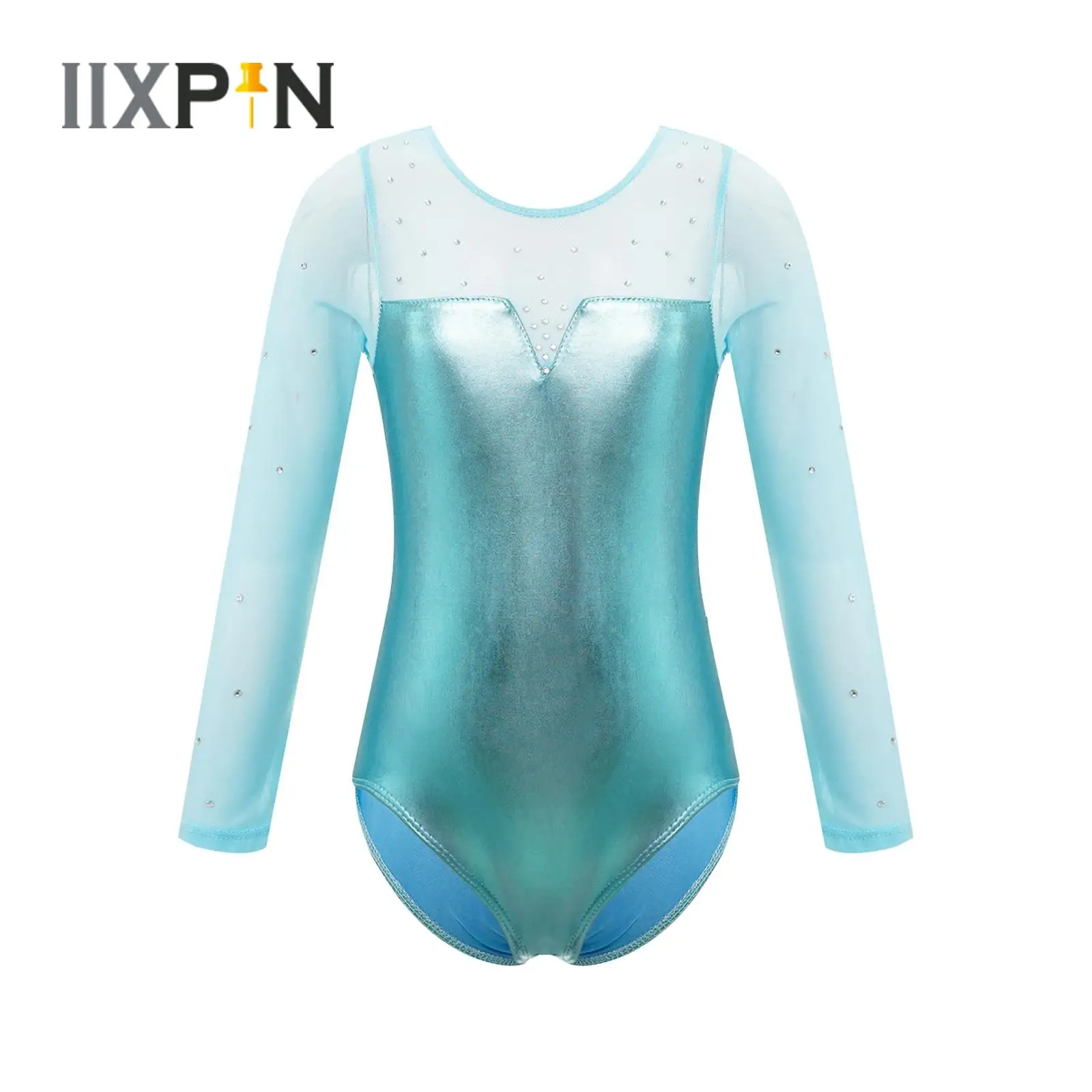 Girls Ballet Leotard Gymnastics One-Piece Sparkle Dance Costume Tulle Long Sleeve Sparkly Rhinestone Metallic dance leotard