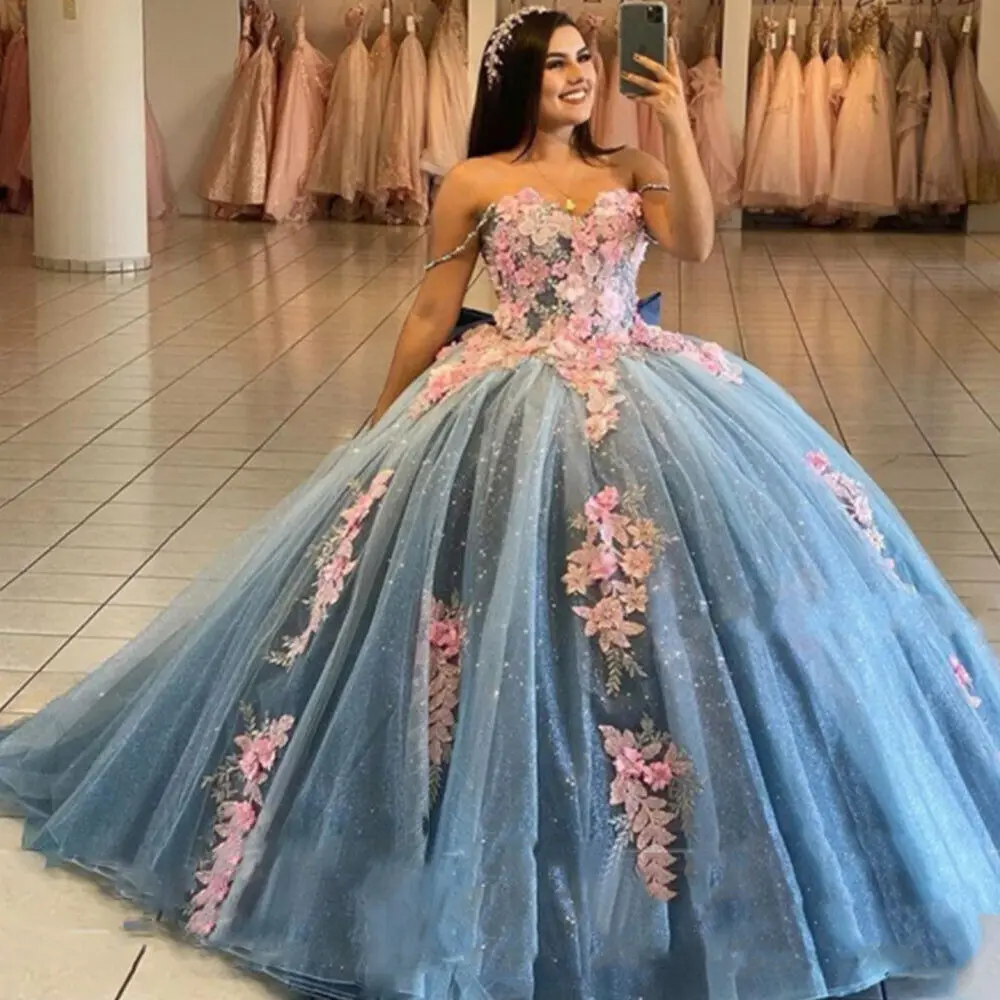 

ANGELSBRIDEP Off Shoulder Quinceanera Dresses 3D Flowers Appliqued Princess Birthday Sweet 16 Dress Vestidos Masquerade With Bow