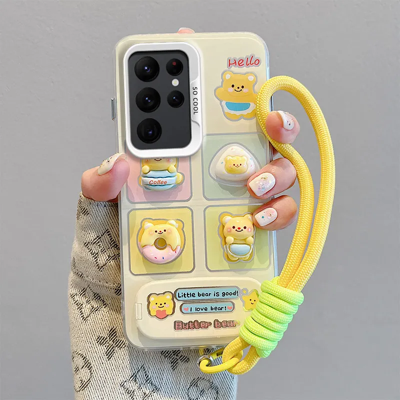 3D Cartoon Bear Phone Case with Hand Strap and Mirror Stand Cover