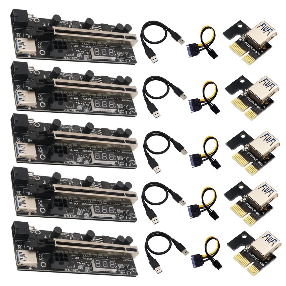 

5Pack PCIE Riser 1X to 16X Graphic Extension with Temperature Sensor for Bitcoin GPU Mining Powered Riser Adapter Card