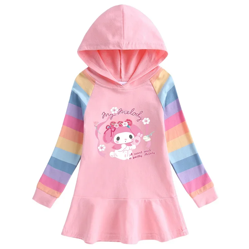 

Melody 2023 Spring and Autumn New Cotton Cartoon Rainbow Girls Dress Children's Long Sleeve Hooded Sweatshirt Princess Dress