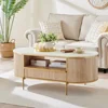 Fluted Coffee Table, 48" Oval Coffee Table with Drawer, Faux Marble Top, Curved Profile Design, Gold Metal Decor, Center Table 1